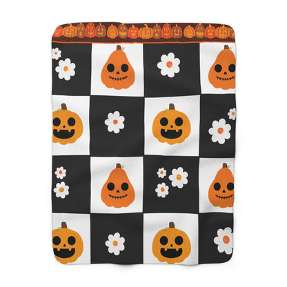 Pumpkin Patch Panic – Halloween Checkerboard Sherpa Fleece Blanket