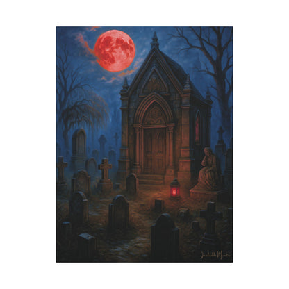 "Blood Moon Mausoleum" – Gothic Graveyard Fine Art Matte Canvas Print (Vertical)