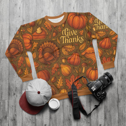 Give Thanks AOP Unisex Sweatshirt | Thanksgiving Pumpkins, Turkeys & Pie | Fall Gratitude Sweater | Free Worldwide Shipping