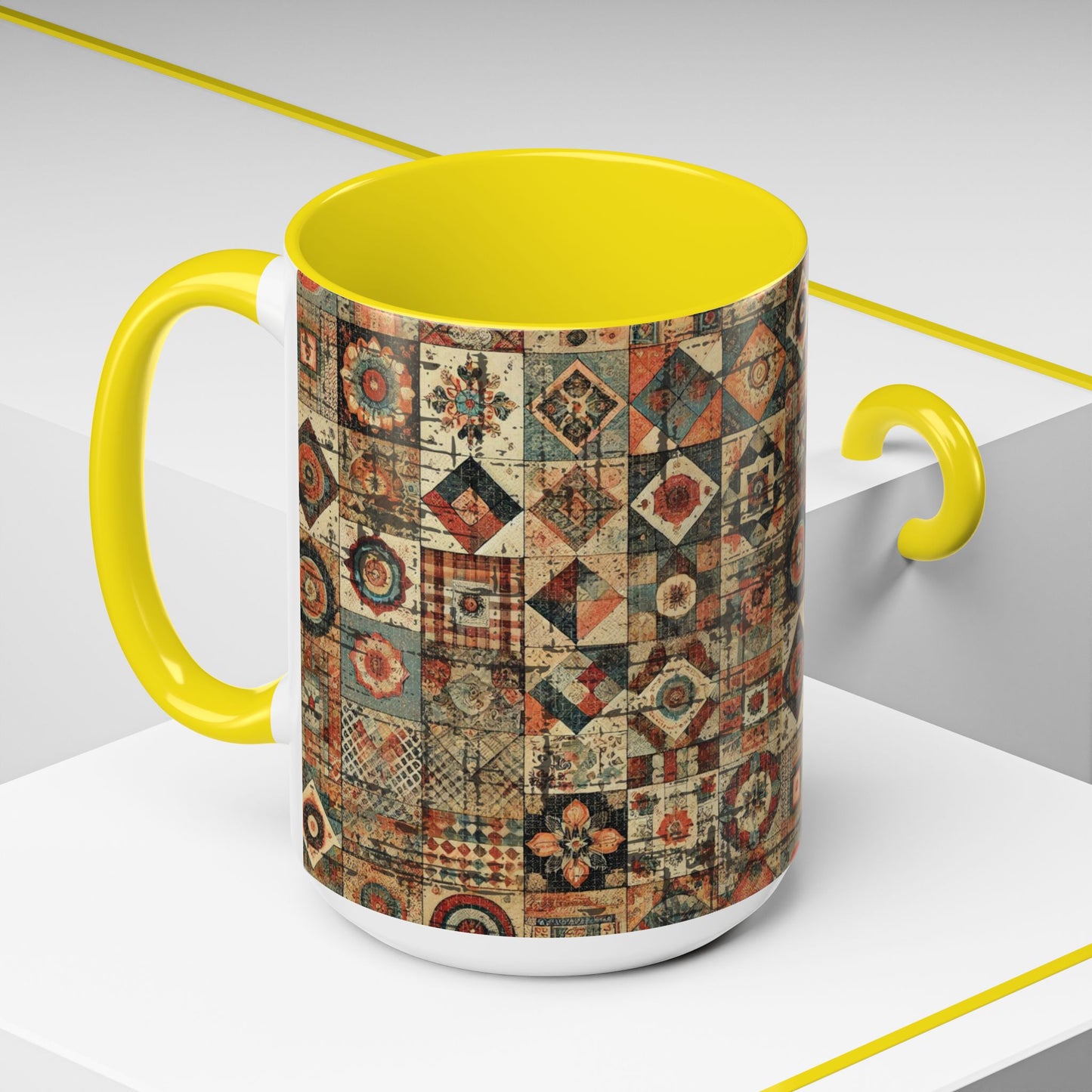 Boho Patchwork Quilt Mug | Vintage Accent Coffee Mug (11oz/15oz)