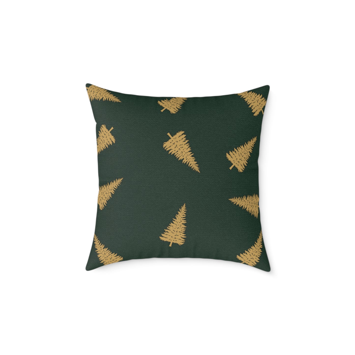 Emerald Gift Box Throw Pillow – Green & Gold Present with Pine Tree Pattern Back