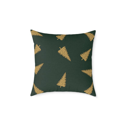 Emerald Gift Box Throw Pillow – Green & Gold Present with Pine Tree Pattern Back