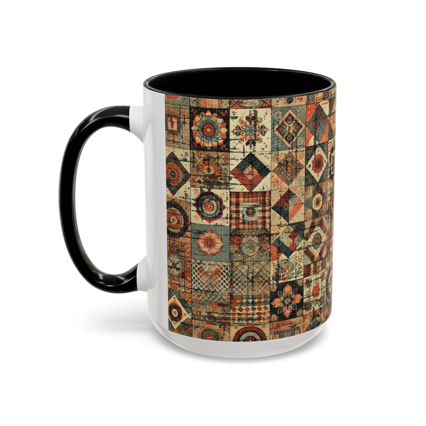 Left view. 15oz Black accent BOHO Patchwork Mug Mockup. Invaluable Minutia
