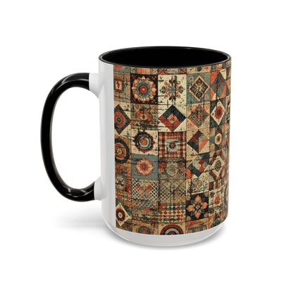 Left view. 15oz Black accent BOHO Patchwork Mug Mockup. Invaluable Minutia