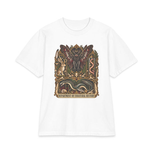 Front view of a white T-shirt with ornate moth, antlered rabbit and serpent artwork labeled Department of Unnatural History.