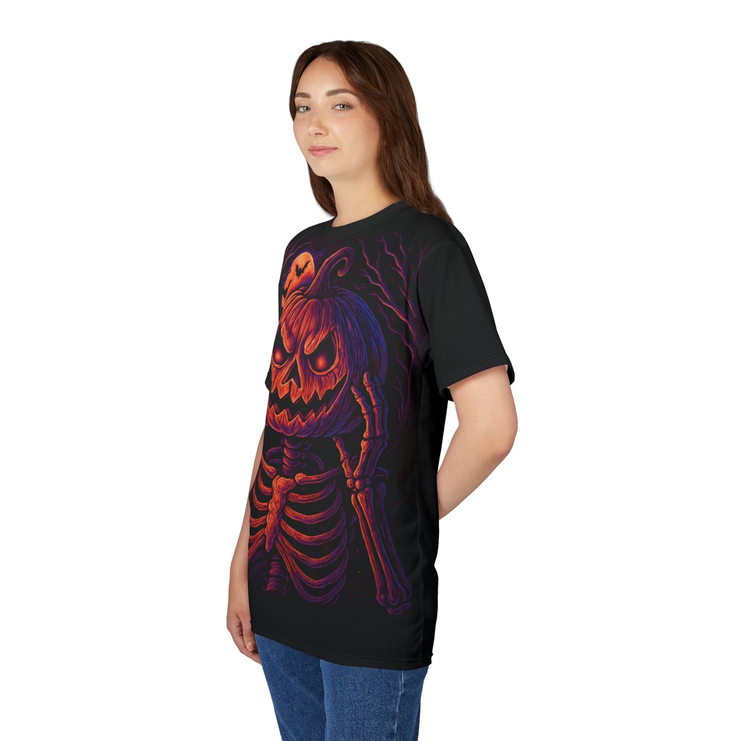 Skeleton Pumpkin Head AOP Halloween T-Shirt – Neon Spooky Jack-o’-Lantern Extra Large Print Tee (All-Over Print)