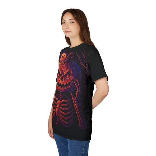 Skeleton Pumpkin Head AOP Halloween T-Shirt – Neon Spooky Jack-o’-Lantern Extra Large Print Tee (All-Over Print)