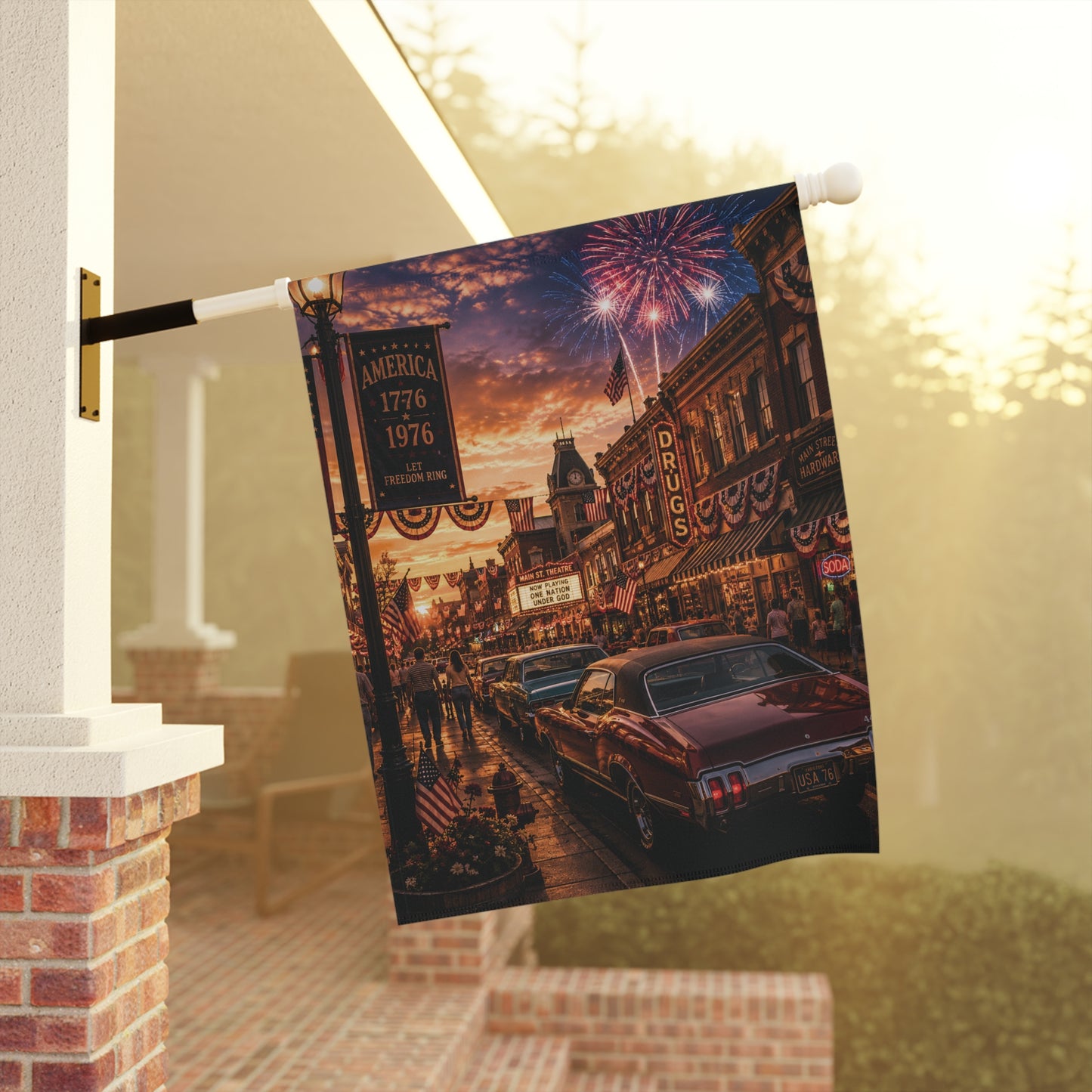 Vintage Retro Main Street Fourth of July Garden Banner or House Flag Patriotic 1776 1976