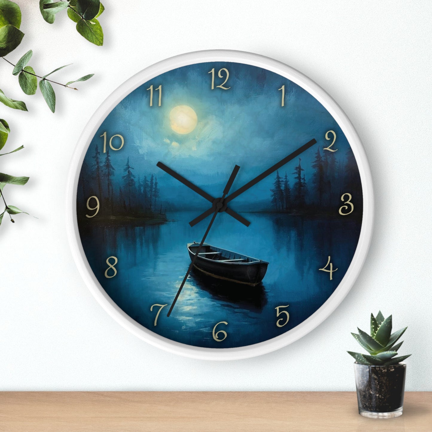 Moonlit Lake Wall Clock – Serene Night Boat Scene 10" Decor