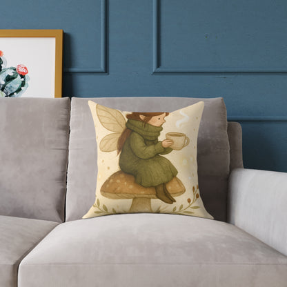 Cozy Winter Fairy Throw Pillow – Tea on a Toadstool & Lantern Fairy Canvas Cushion