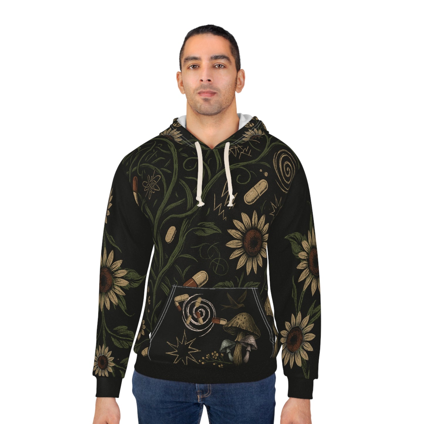 Dark, Hippie Floral AOP Unisex Pullover Hoodie – ADHD Aesthetic, Moody Boho Streetwear, Mental Health Awareness