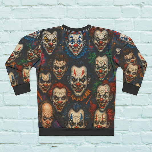 Carnival of Nightmares AOP Unisex Sweatshirt – Creepy Clown Faces | Spooky Season Horror Crewneck | Free Worldwide Shipping