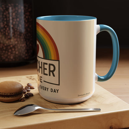 Teacher Mode – Color Accent Mug (11oz/15oz) • Rainbow Heart • Teacher Gift • Dishwasher & Microwave Safe