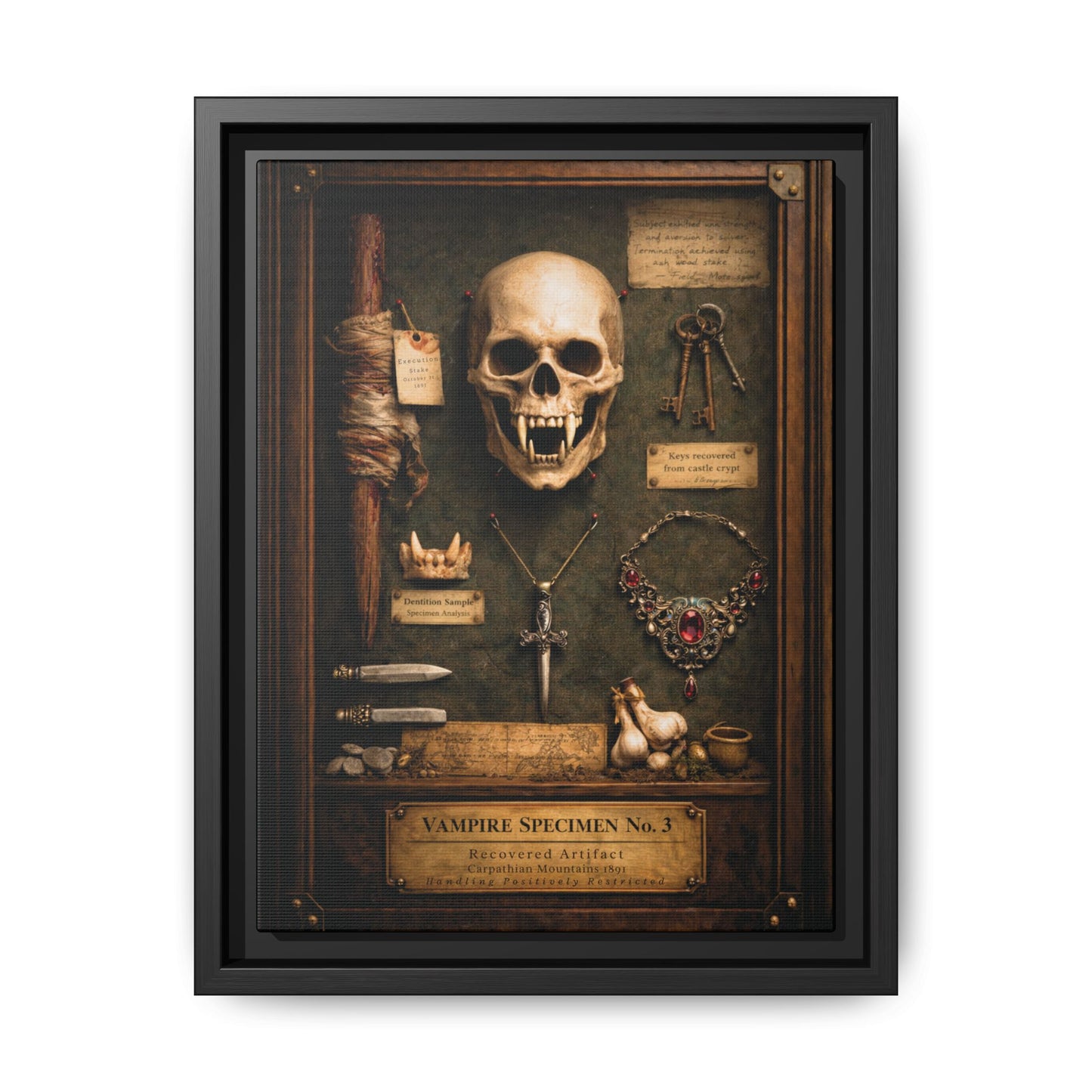 Framed Canvas Art – Vampire Specimen No. 3 | Gothic Vampire Wall Decor | Dark Academia Curiosity Cabinet Art