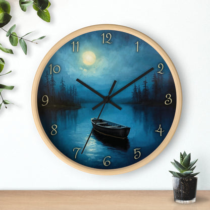 Moonlit Lake Wall Clock – Serene Night Boat Scene 10" Decor