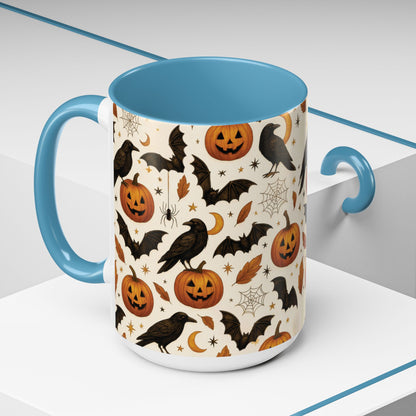 Halloween Raven & Pumpkin Color Accent Mug – Gothic Crow, Bats & Jack-o’-Lantern Coffee Cup (11oz & 15oz) – Spooky Autumn Drinkware