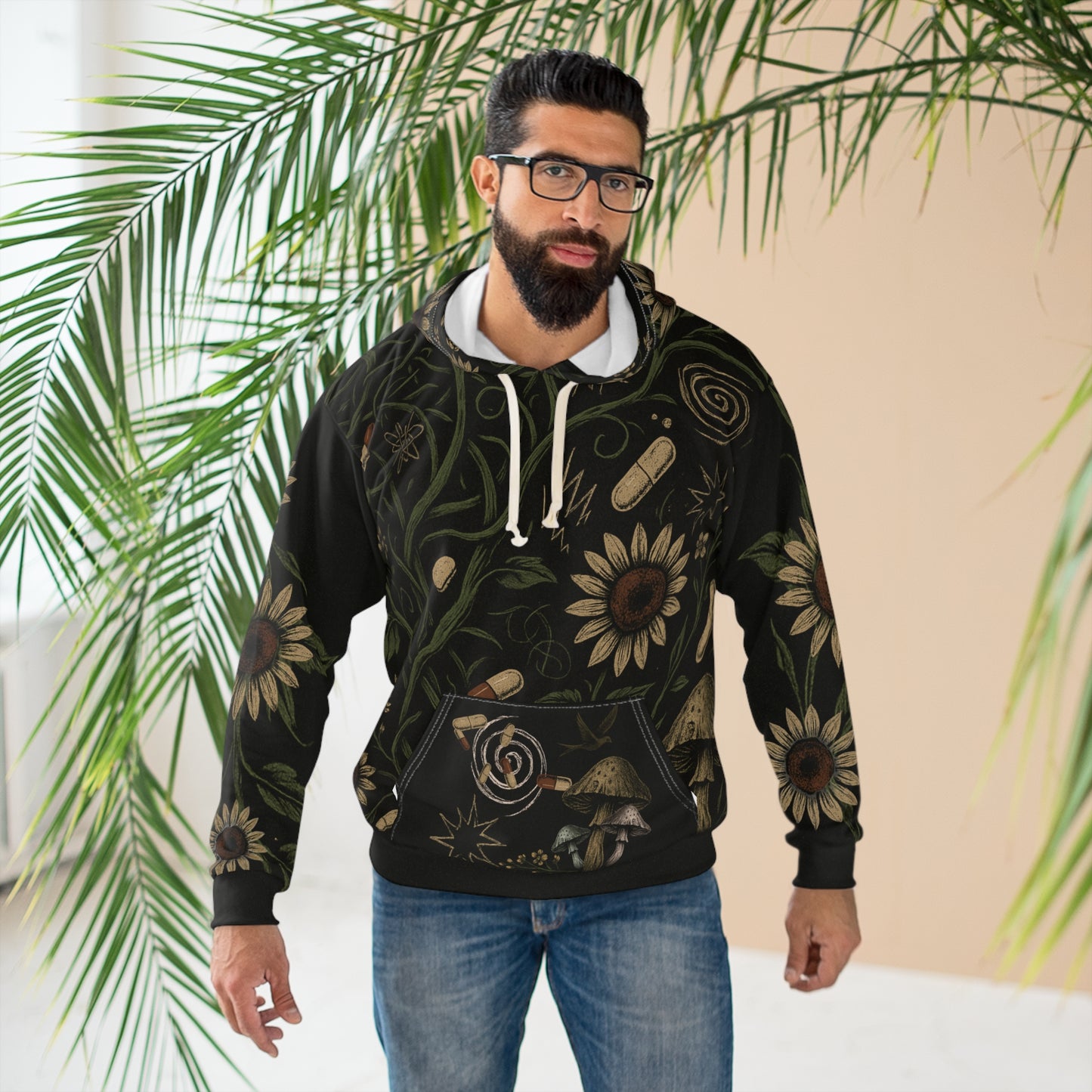 Dark, Hippie Floral AOP Unisex Pullover Hoodie – ADHD Aesthetic, Moody Boho Streetwear, Mental Health Awareness