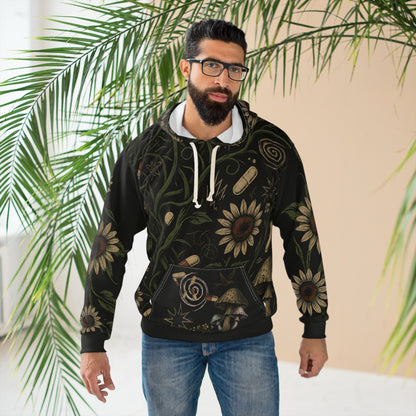 Dark, Hippie Floral AOP Unisex Pullover Hoodie – ADHD Aesthetic, Moody Boho Streetwear, Mental Health Awareness