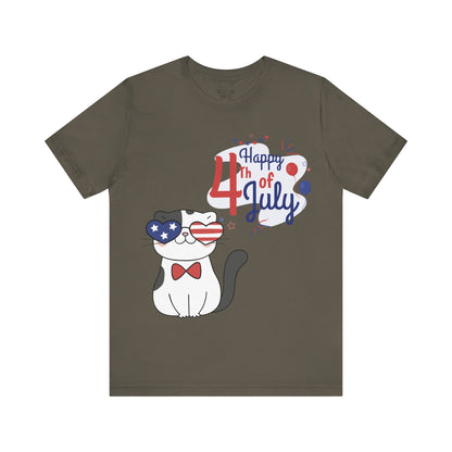 Patriotic Party Cat Tee – Happy 4th of July – Unisex Bella+Canvas Jersey Tee - 4th of July Tee