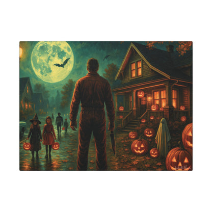 Halloween Neighborhood Scene Canvas Print – Retro Suburban Trick-or-Treat, Glowing Pumpkins & Full Moon Wall Art