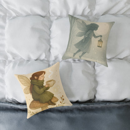 Cozy Winter Fairy Throw Pillow – Tea on a Toadstool & Lantern Fairy Canvas Cushion