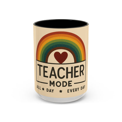 Teacher Mode – Color Accent Mug (11oz/15oz) • Rainbow Heart • Teacher Gift • Dishwasher & Microwave Safe