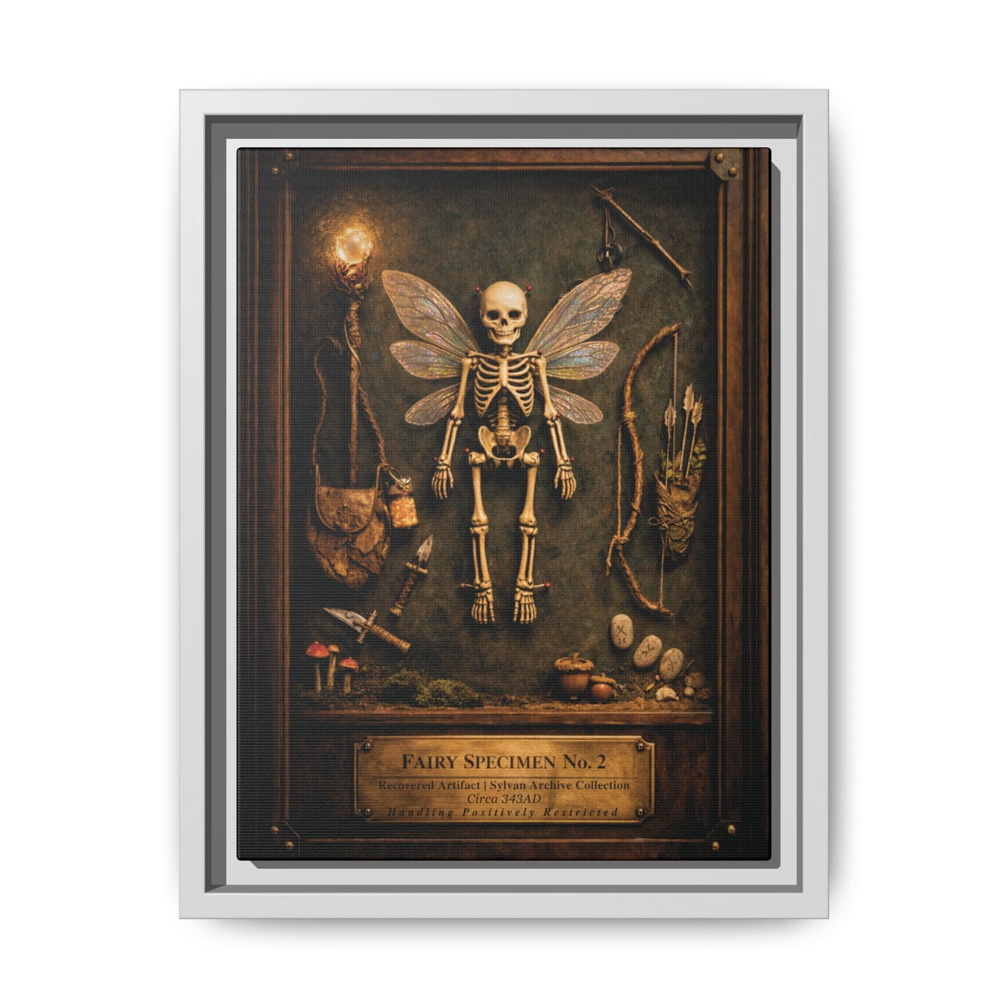 Fairy Specimen No. 2 Framed Canvas Print – Skeletal Fairy Wall Art, Dark Curiosity Cabinet Decor