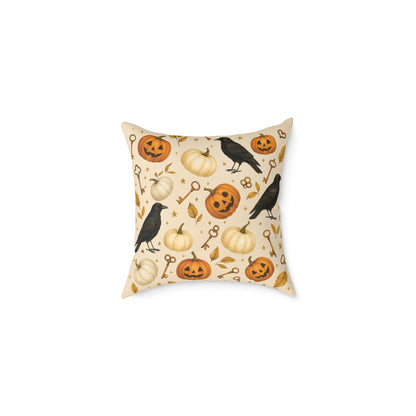 Boutique Halloween Throw Pillow – Crow & Pumpkin Pattern (Reversible Dot Back, Colorway™ Poly Canvas)