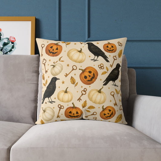 Boutique Halloween Throw Pillow – Crow & Pumpkin Pattern (Reversible Dot Back, Colorway™ Poly Canvas)