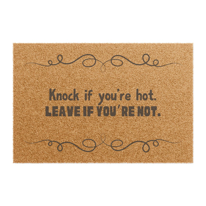 Knock If You’re Hot Doormat – Funny Sarcastic Welcome Mat, Bold Black Print Boutique Décor