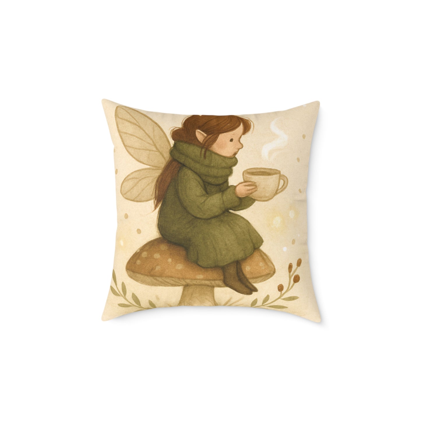 Cozy Winter Fairy Throw Pillow – Tea on a Toadstool & Lantern Fairy Canvas Cushion