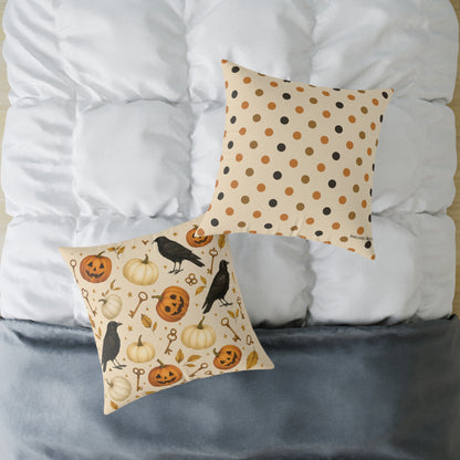 Boutique Halloween Throw Pillow – Crow & Pumpkin Pattern (Reversible Dot Back, Colorway™ Poly Canvas)