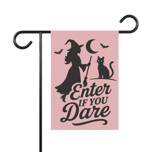 Pastel Gothic Witch Garden Flag – Pink Halloween Yard Flag, Black Cat Silhouette, Retro “Enter If You Dare”