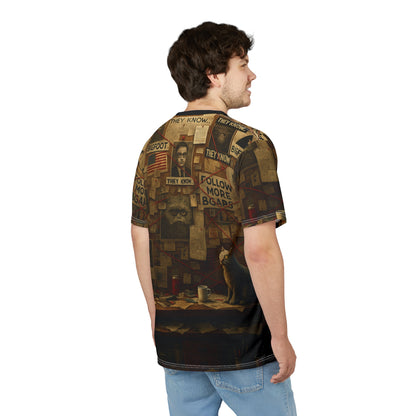 Bigfoot Conspiracy Tee, Unisex T-Shirt, Funny Graphic Tee, Unique Gift for Halloween, Cryptid Lover Fashion, AOP Apparel