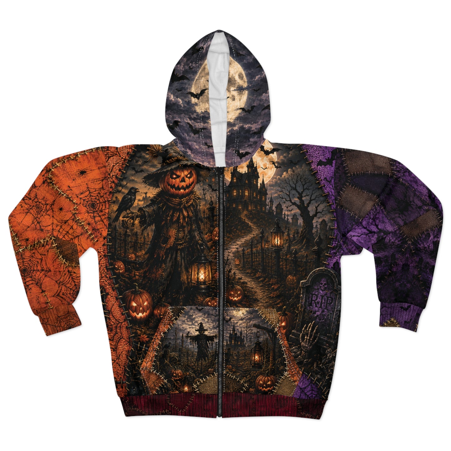 Gothic Halloween Zip Hoodie: Scarecrow Patchwork All Over Print, Unisex XS 2XL