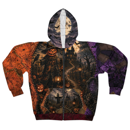 Gothic Halloween Zip Hoodie: Scarecrow Patchwork All Over Print, Unisex XS 2XL