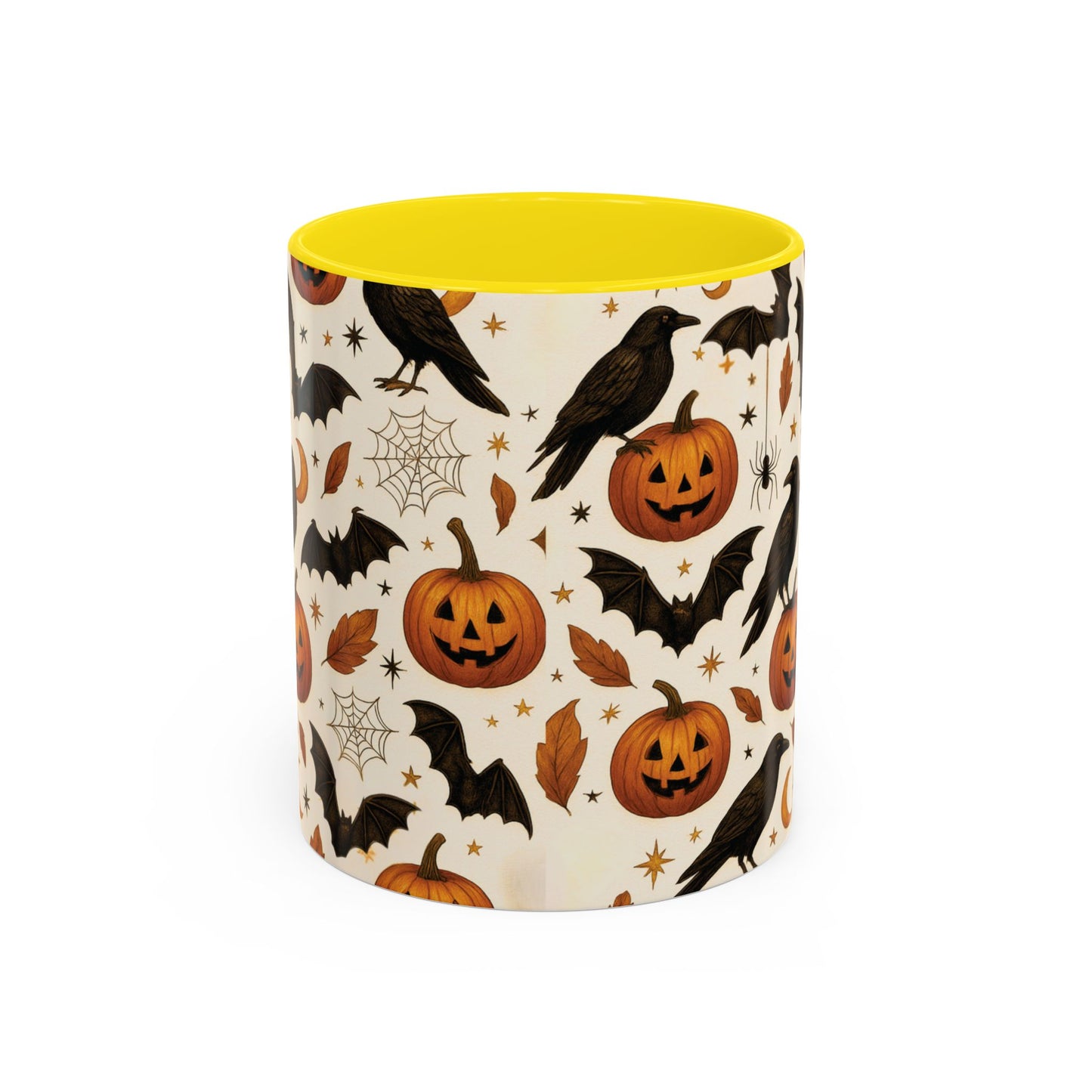 Halloween Raven & Pumpkin Color Accent Mug – Gothic Crow, Bats & Jack-o’-Lantern Coffee Cup (11oz & 15oz) – Spooky Autumn Drinkware