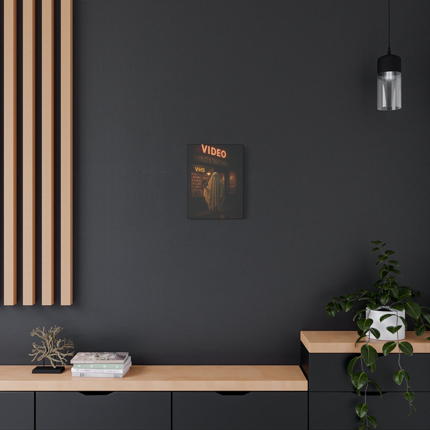 Retro Video Rental Ghost – VHS Nostalgia Matte Stretched Canvas Wall Art | 90s Spooky Decor