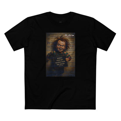 Creepy Killer Doll Mugshot T-Shirt – Halloween Horror Tee, Boutique DTG Print, Premium Cotton Tee, 90s VHS Aesthetic