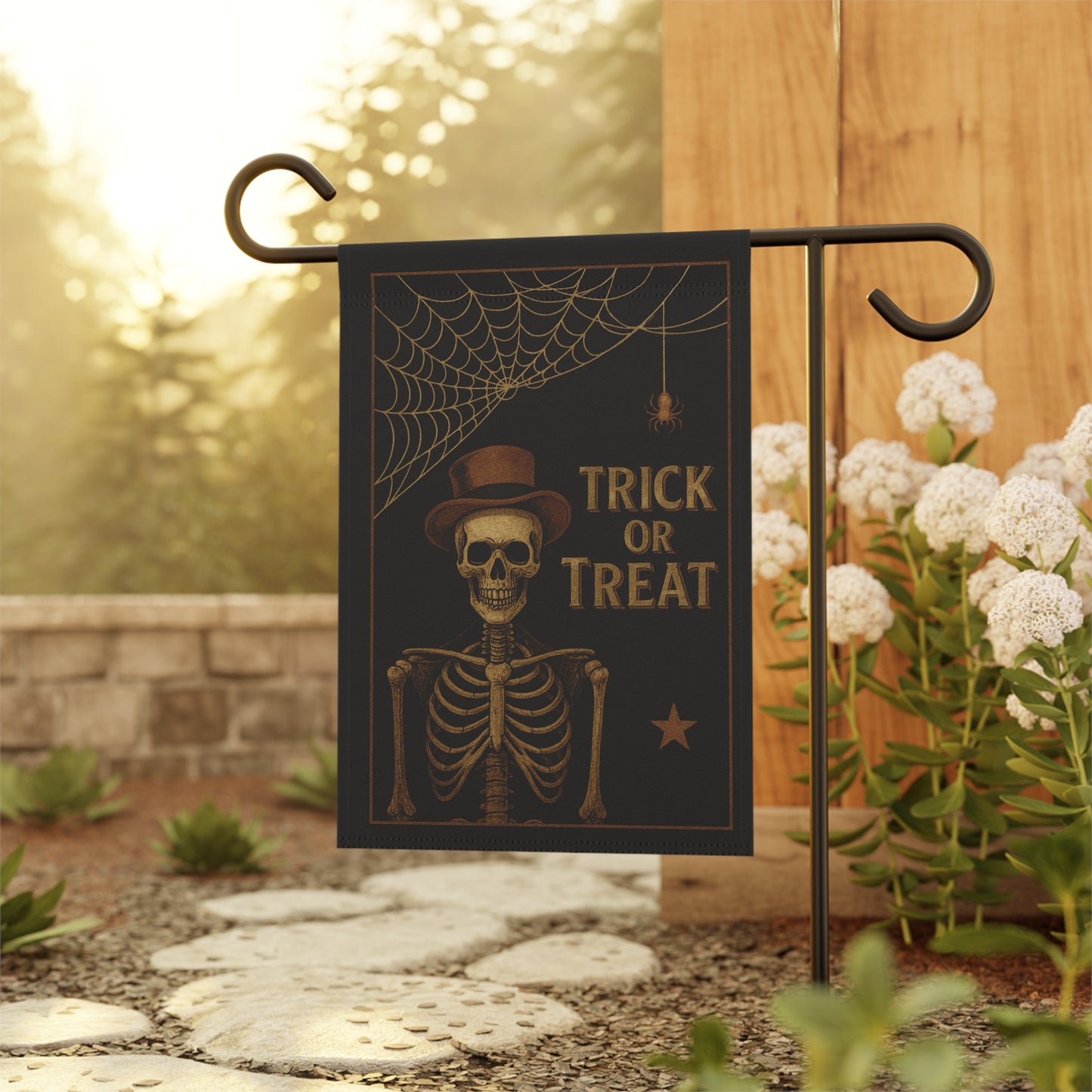 Trick or Treat Garden Flag – Skeleton in Top Hat with Spiderweb | Vintage Halloween Outdoor Banner