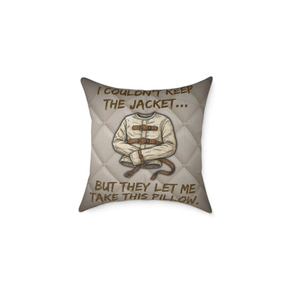 Asylum Humor Poly Canvas Throw Pillow — “I Couldn’t Keep the Jacket…” | Patient No. 4815 Back Print
