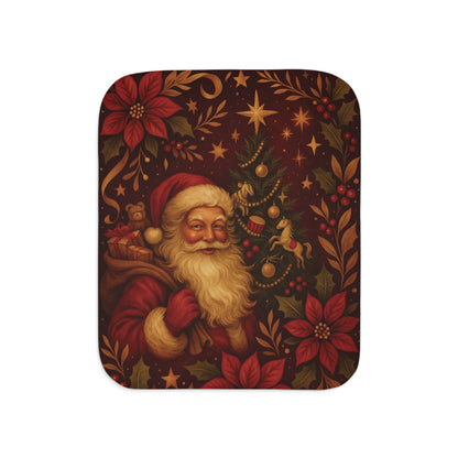 Christmas Santa Sherpa Blanket – Vintage Poinsettia & Toys Holiday Throw