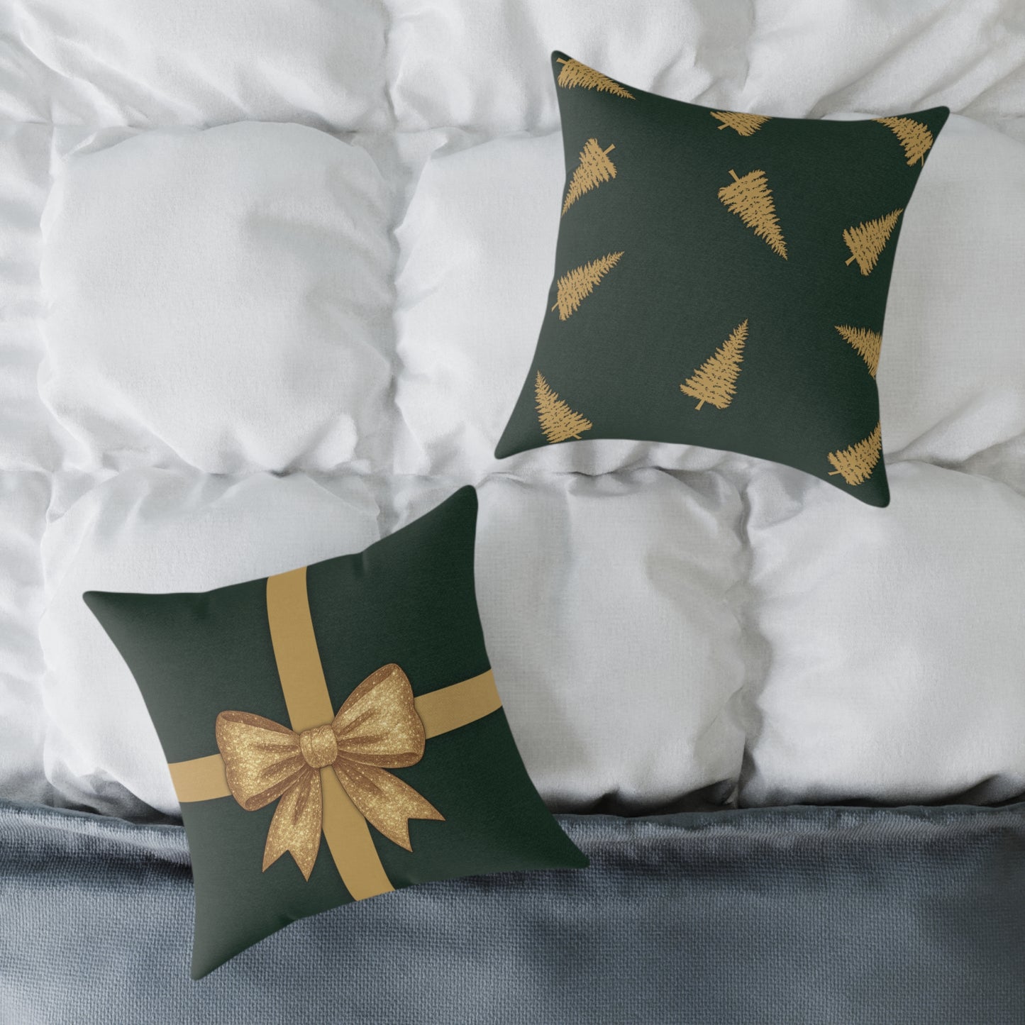 Emerald Gift Box Throw Pillow – Green & Gold Present with Pine Tree Pattern Back