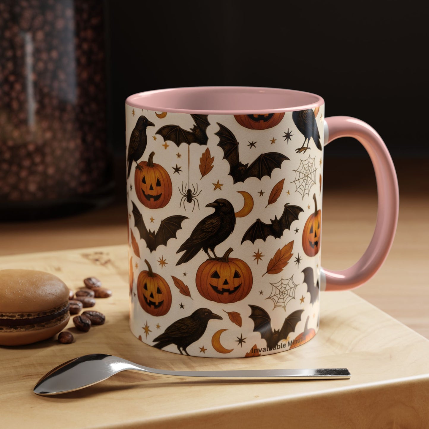 Halloween Raven & Pumpkin Color Accent Mug – Gothic Crow, Bats & Jack-o’-Lantern Coffee Cup (11oz & 15oz) – Spooky Autumn Drinkware