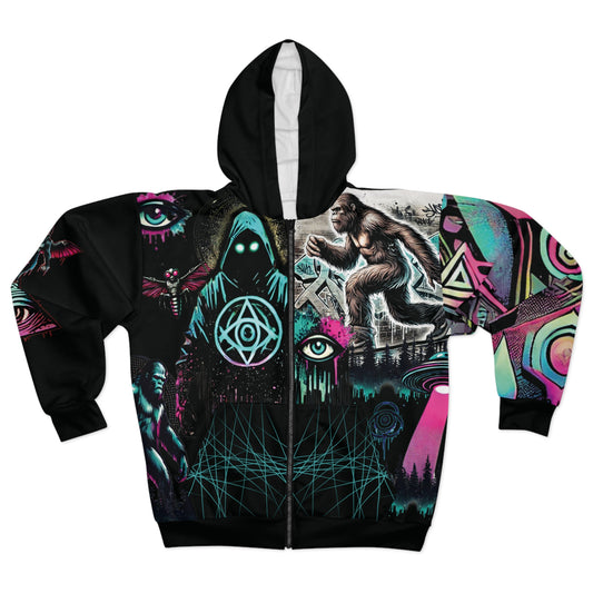 Unisex Zip Hoodie (AOP) Black - Cryptid Conspiracy Graffiti Design