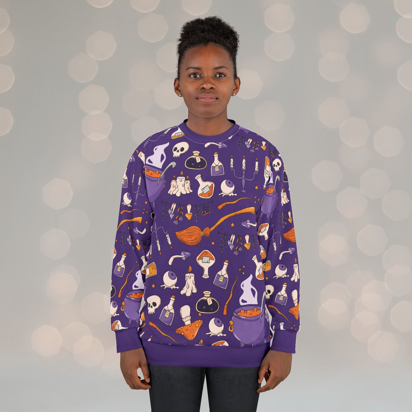 Witchy Potions AOP Unisex Sweatshirt – Spooky Season Purple | Cozy Fall Crewneck | Free Worldwide Shipping