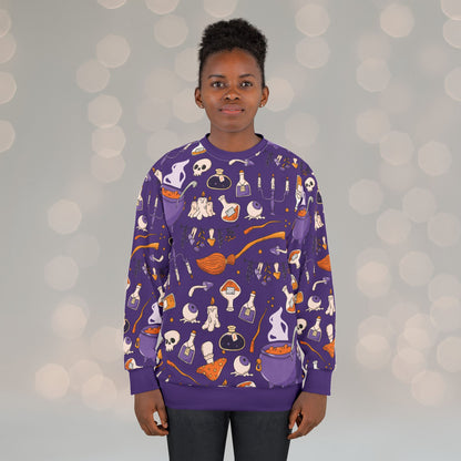 Witchy Potions AOP Unisex Sweatshirt – Spooky Season Purple | Cozy Fall Crewneck | Free Worldwide Shipping