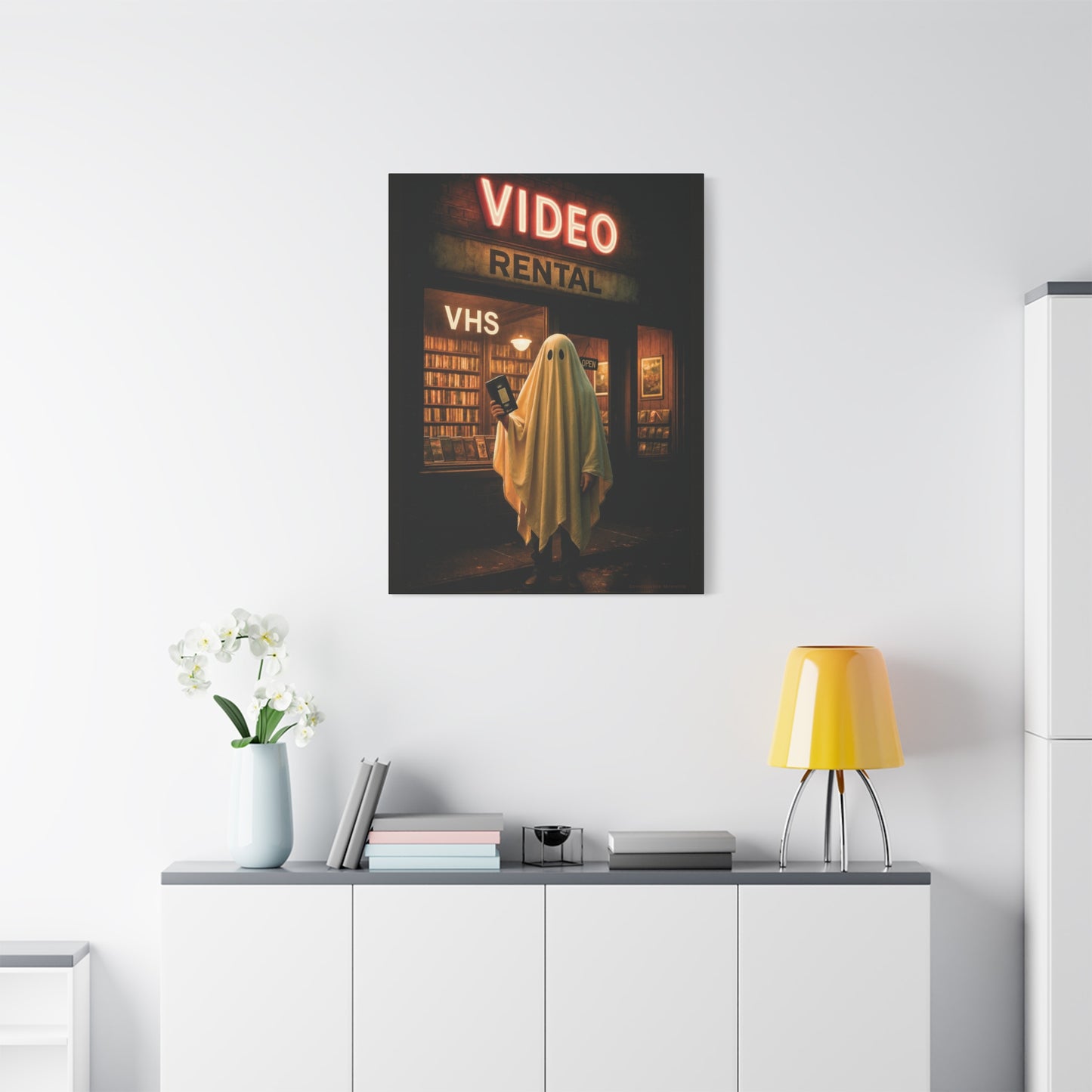 Retro Video Rental Ghost – VHS Nostalgia Matte Stretched Canvas Wall Art | 90s Spooky Decor