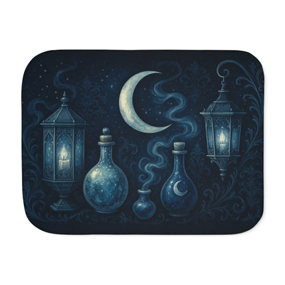 Witchy Winter Sherpa Blanket – Crescent Moon, Lanterns & Potion Bottles