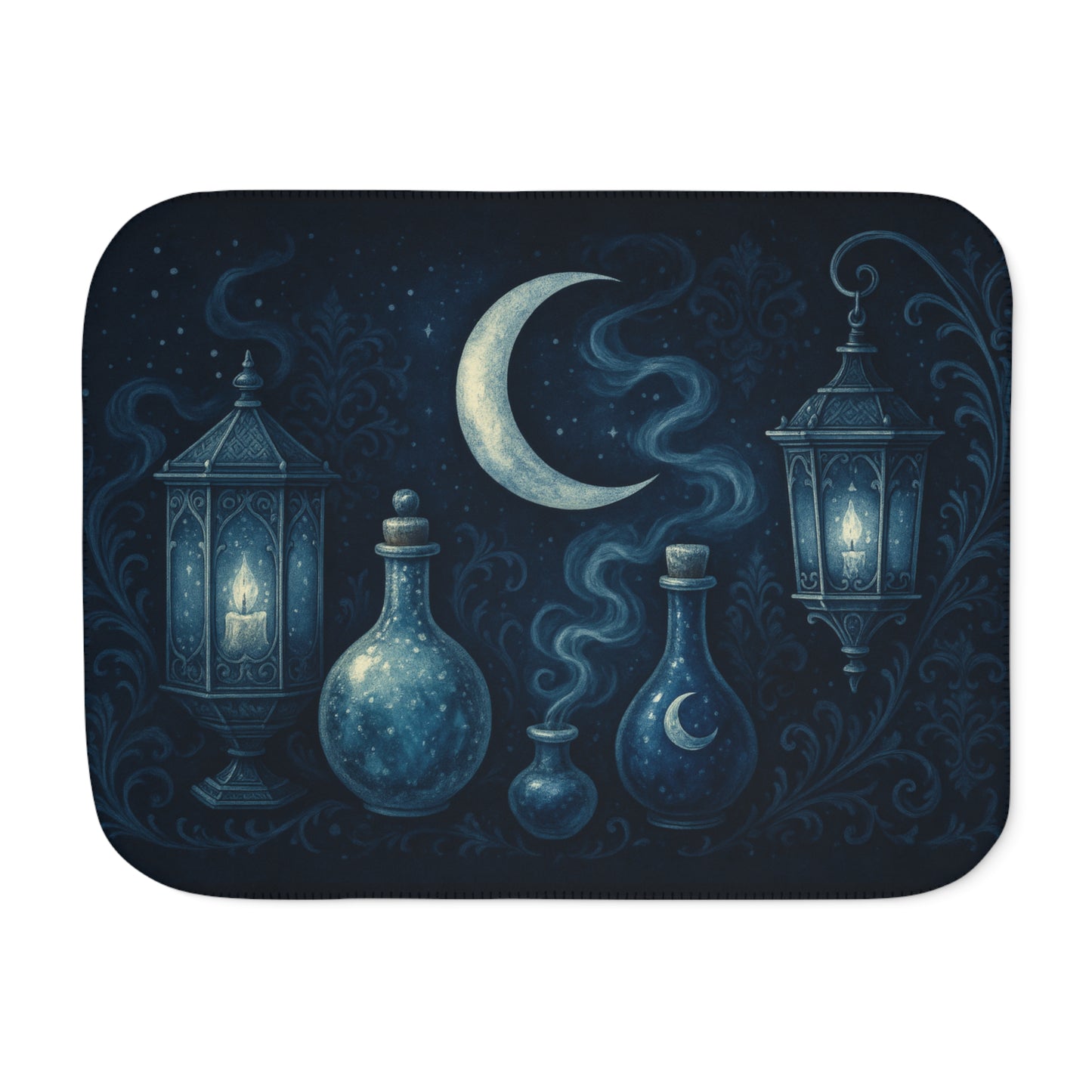 Witchy Winter Sherpa Blanket – Crescent Moon, Lanterns & Potion Bottles